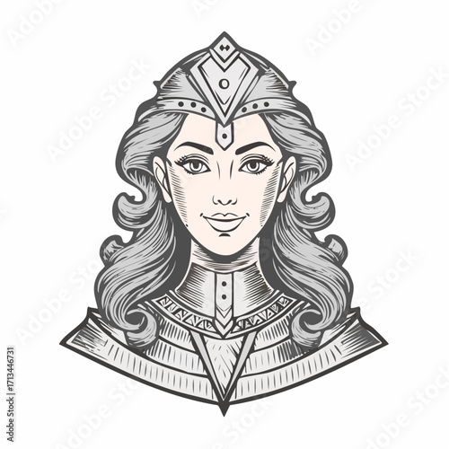 An elegantly illustrated portrait of a majestic queen or fantasy warrior princess, exuding wisdom and serene power, adorned with a royal crown and intricate armor