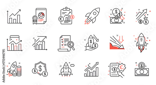 Modern line icons for business success, financial growth, startup ventures, investment, market analysis, profit, and economic trends, ideal for financial projects