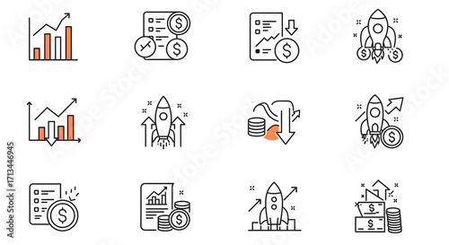 A modern set of thin line icons depicting business growth, financial success, startup launches, and investment analytics