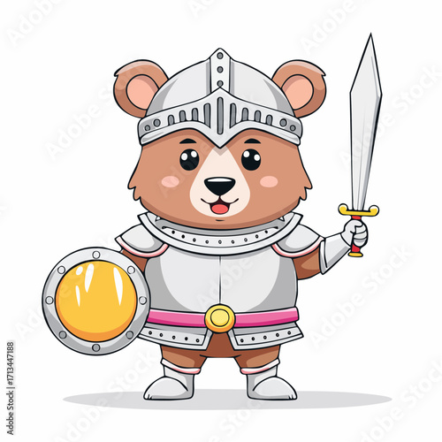 Adorable cartoon bear knight character proudly standing in full armor, wielding a shining sword and a protective shield, ready for adventure or guarding a noble quest