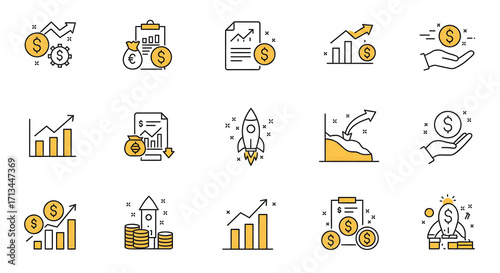 A comprehensive collection of line icons representing financial growth, business investment, startup launch, and economic analysis