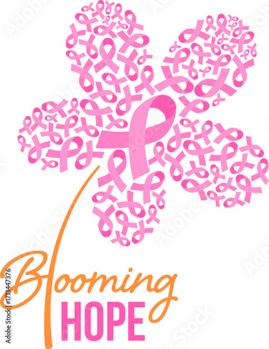 Pink ribbon fill in blooming flower. Breast Cancer Awareness. Icon design for poster, banner, t-shirt. Vector illustration