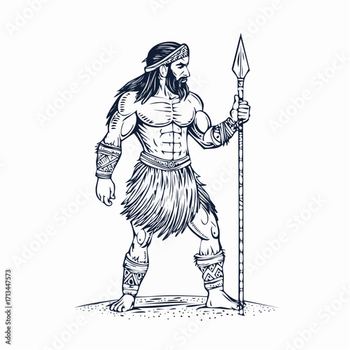 A powerful ancient warrior illustration, depicting a formidable bearded figure with a spear, symbolizing strength and primal masculinity in a detailed vintage engraving style