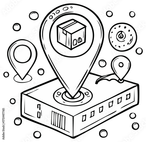 Parcel delivery tracking with map location pins and a package icon