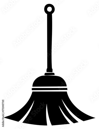 Black Silhouette of a Broom with a Hanging Loop on a White Background