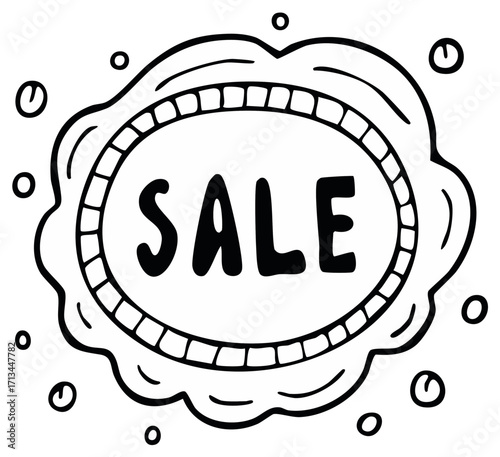 Hand drawn illustration of a sale badge with decorative elements and text
