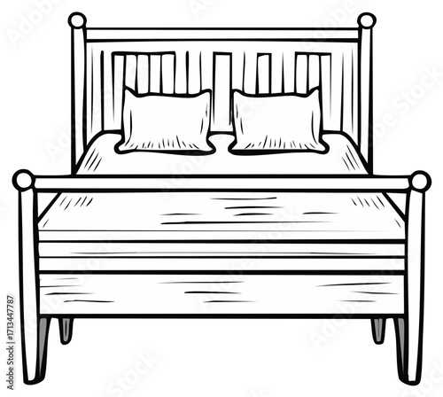 Wooden bed outline with pillows, drawing. Bedroom furniture sketch, classic design, interior element, home decor line art