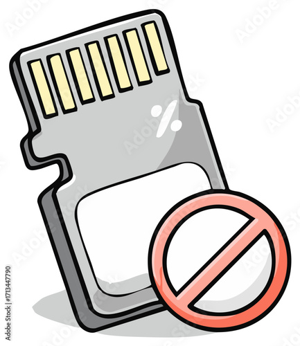 Vector illustration of an SD memory card with a prohibition symbol, representing unavailable storage or data error.