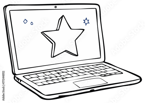 Line Drawing of Laptop Computer Displaying a Star Graphic