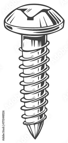 Detailed graphic of a screw with a rounded head and threaded shaft isolated illustration of a fastening tool