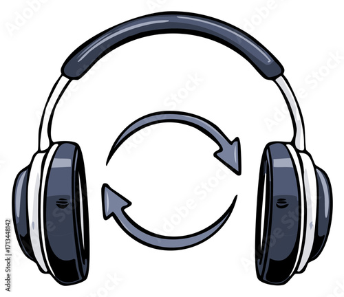 Contemporary over-ear headphones with dynamic refresh arrows for music playback illustration