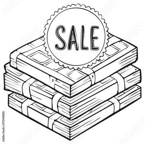 Outline illustration of three stacked bundles of paper with a sale tag; a shopping marketing concept with a stack of documents or bills
