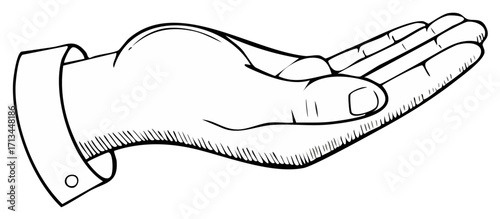 Black and white line art illustration of an open hand with palm up in a gesture of receiving or giving