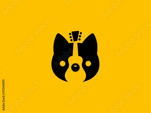 Playful dog mascot head seamlessly blends with acoustic guitar for unique music logo design