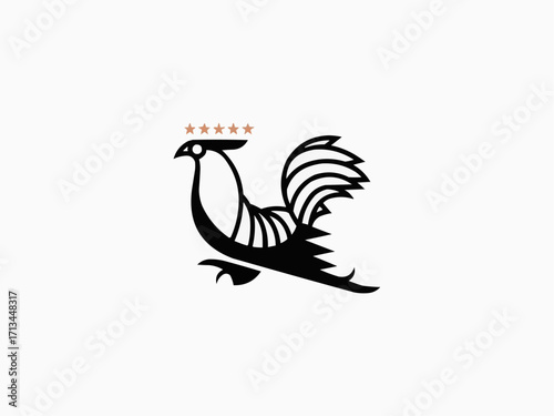 Elegant black rooster silhouette with five gold stars above its head, representing quality and prestige.