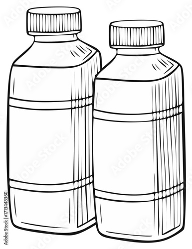 Stylized medical syrup bottles, outline vector illustration for healthcare, laboratory, or pharmaceutical industries