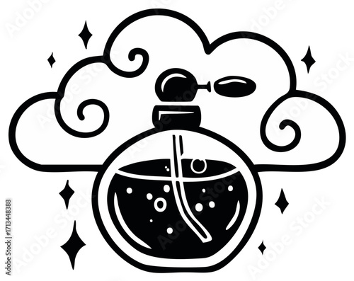 Bottle of Perfume on Cloud Background Line Art Style Icon