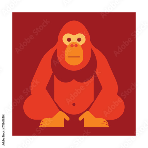 Orangutan sitting on a red background in flat design