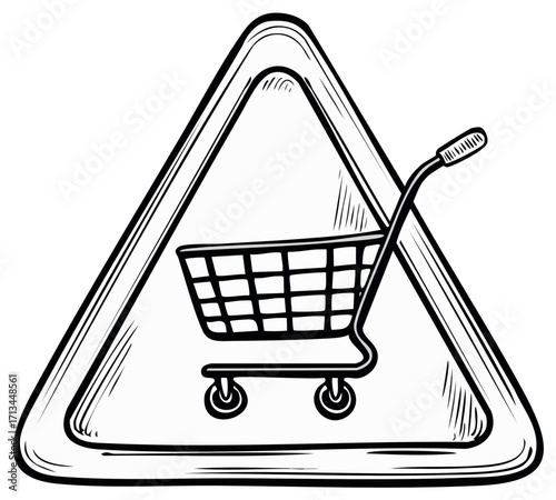 Triangle sign featuring a shopping cart outline illustration for marketing