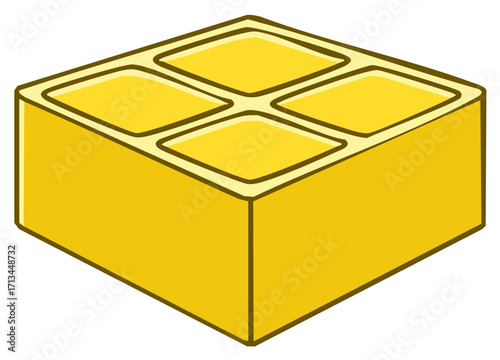 Isometric illustration of a yellow plastic toy building block for creative construction play