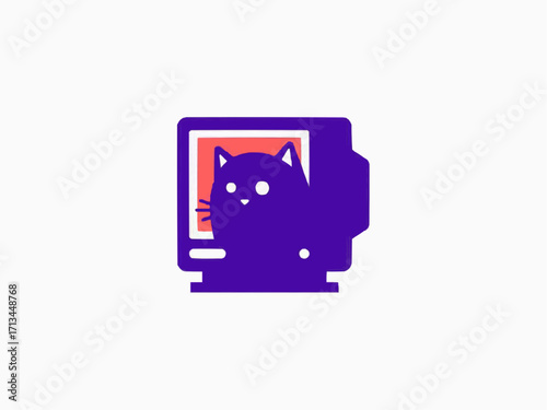 Curious purple cat peeking from behind a retro computer monitor screen with vibrant coral backdrop