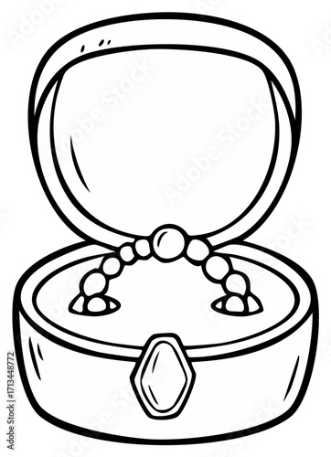 Jewelry box with open lid, displaying a beaded necklace inside. Simple cartoon illustration