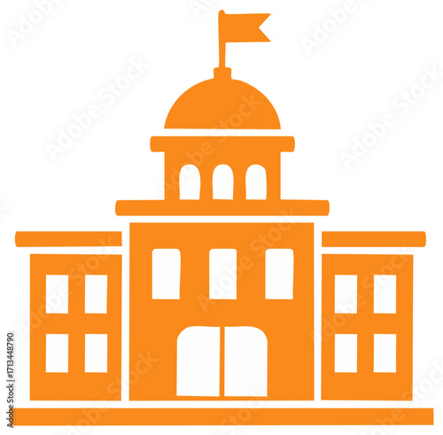 Orange Silhouette Illustration of Building with Flag, Dome, and Windows, Symbolizing Government, Education, or a Historic Landmark