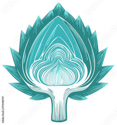 Stylized cross section of an artichoke with vibrant teal and white linework detail
