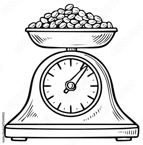 Hand-drawn illustration of a vintage scale balancing a bowl full of beans, black and white outline style design, weight measurement, portion control