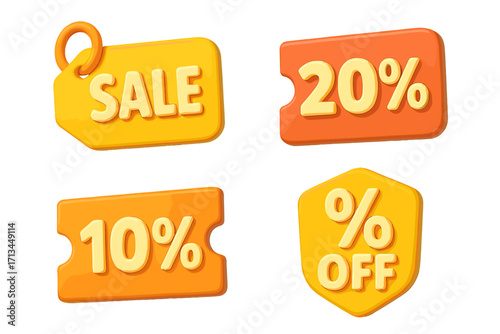 3D sale label set with discount tags. Promotion voucher, discount card and coupon collection. 10 and 20 percent off price tags. Vector cartoon illustration for retail.