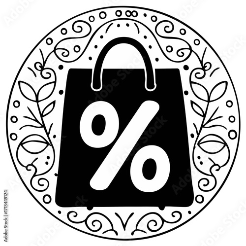 Circular emblem with shopping bag icon and percentage symbol for sale.