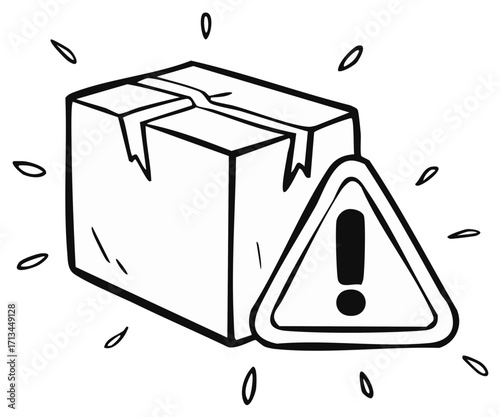 Damaged Box and Exclamation Mark Illustration Indicating Hazard or Fragile Item Handling