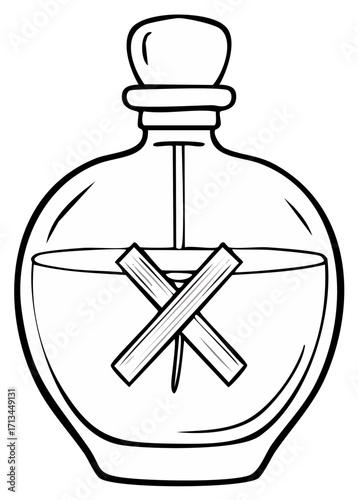 Vector drawing of an aroma diffuser with essential oils and reed sticks for home fragrance