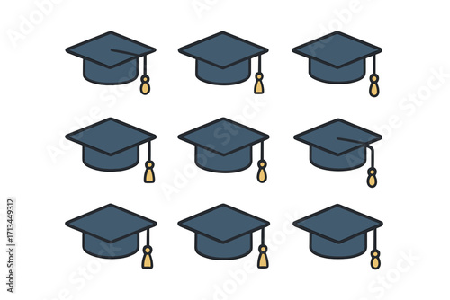 Graduation cap mortarboard icon collection. Academic ceremony symbol set. University education degree concept. Student achievement pictogram for web, app, and graphic design.