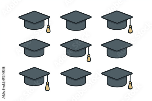 Graduation cap icon set. Mortarboard collection for education and academic achievement. University, college, and school symbol for web, apps, and graphic design. Vector.
