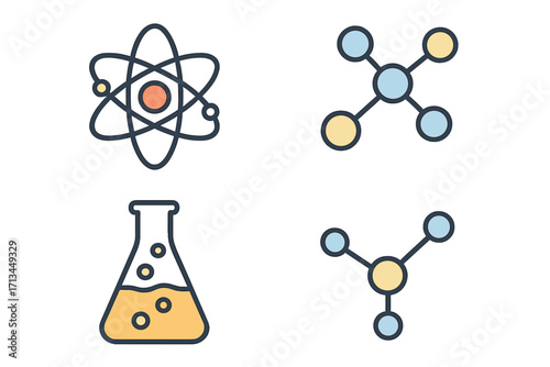 Science and chemistry icon set. Atom, molecule, chemical compound symbols. Physics, research, laboratory experiment concepts. Vector pictogram bundle for web, graphic design.