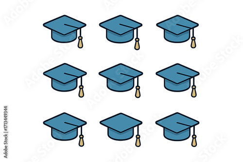 Graduation cap isometric icon set. Academic mortarboard symbol. Education, student success, and achievement concept. University, school, college vector illustration collection.