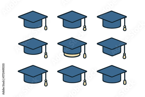 Graduation cap icon collection. Mortarboard symbol set for education and academic achievement. University, college, and school ceremony vector illustrations for web and print.