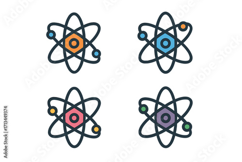 Atom and molecule icon set. Colorful vector symbols for science, physics, chemistry, and technology. Minimalist logos for education, research, particles, and web design.