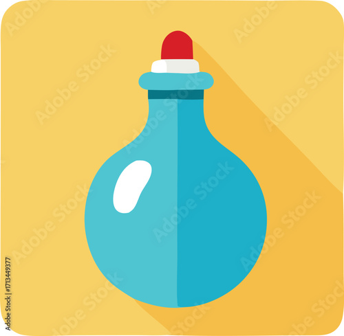 Flat design potion bottle icon with shadow and red cap symbolizing alchemy magic elixir liquid