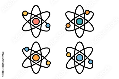 Atom icon set. Science symbol for physics or chemistry. Nuclear particle model with nucleus and electron orbit. Flat minimalist vector illustration for technology and education.