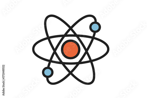 Atom icon, science symbol. Physics, chemistry, nuclear energy concept. Molecule structure with electron particle on orbit. Scientific research, technology, education logo.