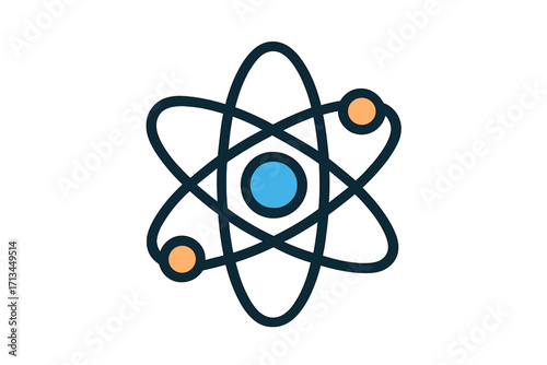 Atom icon science symbol. Physics, chemistry concept. Nuclear energy, molecule structure, particle, electron orbit. Scientific research, technology, education pictogram. Vector.