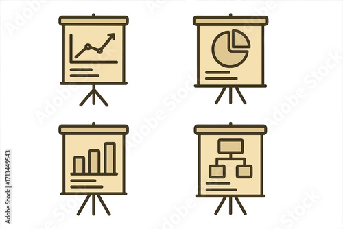 Presentation board icon set with data charts. Business analytics concept. Line graph, pie chart, bar graph, and flowchart for infographics and web design. Vector symbols.