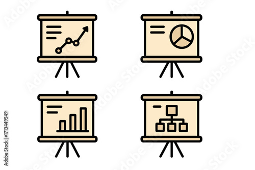 Presentation board icon set with data charts. Business analytics concept. Line, bar, pie graph and flowchart diagram for report, web, infographic. Financial growth vector.