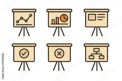 Presentation board icon set for business data analysis. Infographic icons with graphs, charts, reports. Flowchart, checkmark, and cross symbols for project success or failure.