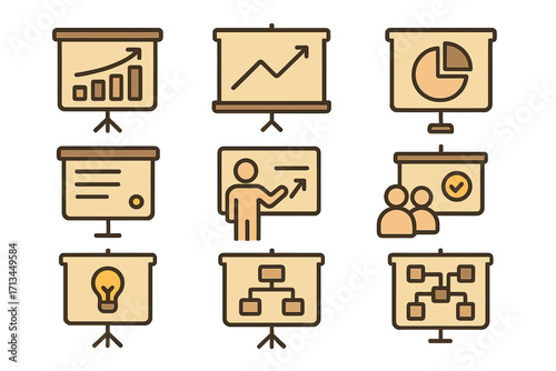 Business presentation icon set. Infographic elements for data analysis, growth chart, marketing report, meeting and strategy. Diagram, flowchart, and seminar pictograms. Idea.