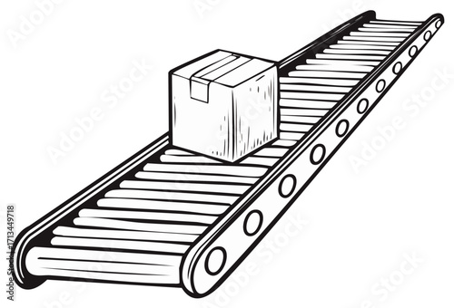 Cardboard box moving along conveyor belt machinery in black and white sketch style