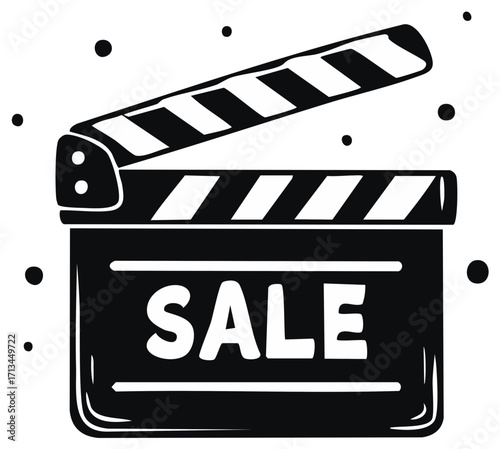 Stylized open film clapperboard with SALE text, black and white graphic for promotions.