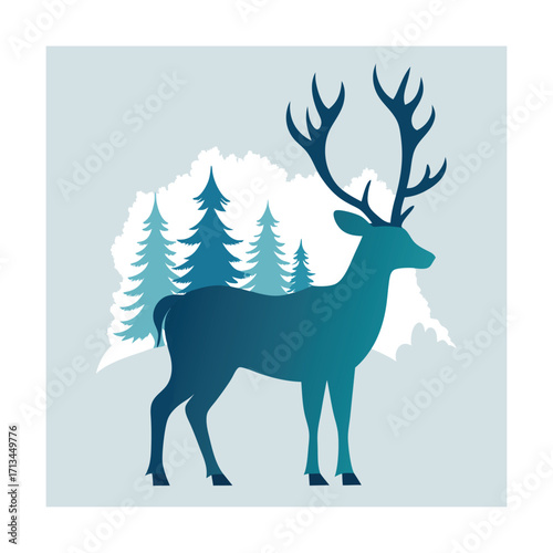 Silhouette of a deer in a winter forest scene stag
